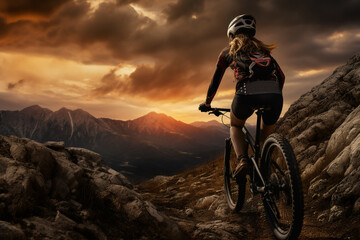 A stunning foto of a adult and Asian woman riding her bicycle on a rocky mountain, a backside portrait of a girl racing her mountain-bike on a hillside full of rocks at sunset