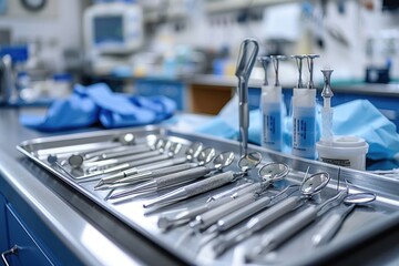 Row of surgical tools placed on a table in a sterile environment