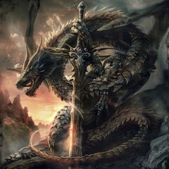 A dragon is holding a sword in its mouth