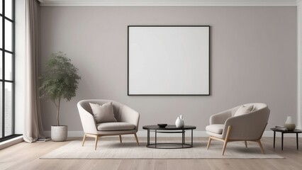 minimalist living room with mockup frame, neutral color interior design