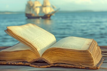 Sailing Through Stories: Old Book Beside a Ship's Grandeur
