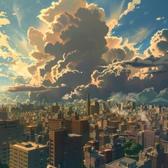 A city skyline with a large cloud in the sky