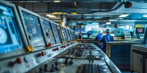 An extensive control panel with numerous switches and indicators in a busy industrial setting