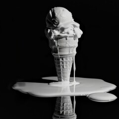 A white ice cream cone with melted ice cream dripping from it