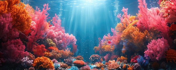 Coral Reef during a dive flat design front view underwater adventure theme 3D render Monochromatic Color Scheme