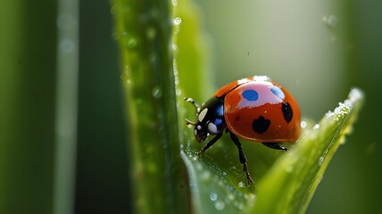 Fototapeta premium A vibrant ladybird, its red and black shell glistening in the early morning light, slowly making its way across a lush green leaf, its tiny legs leaving delicate imprints in the dewy surface.
