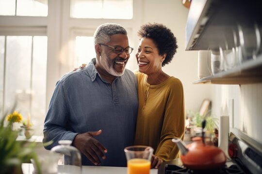 Warm Embrace: Middle Aged Black Couple in Sunlit Kitchen
