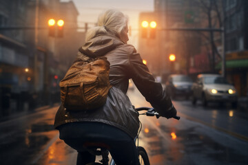 A beautiful elderly of Caucasian hipster woman riding her bicycle to work, a backside portrait of a woman commuting on a bicycle on a rainy day in an urban street at sunset - Powered by Adobe