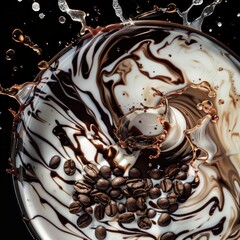 A coffee cup with a swirl of chocolate and coffee beans