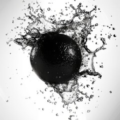 A black ball is in the middle of a splash of water