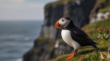 A majestic Atlantic puffin, Alca arctica, perched on the edge of a steep cliff, its vibrant orange beak and piercing eyes gazing out into the vast ocean.