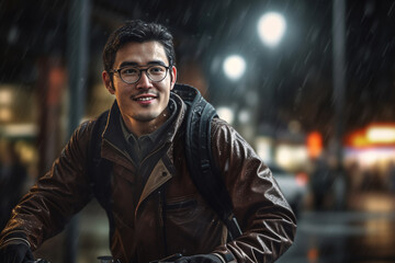 A beautiful young adult of Asian hipster man riding his bicycle to work, a frontside portrait of a guy commuting on a bicycle on a rainy day in an urban street at midnight
