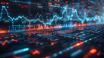 Futuristic stock trading interface with interactive charts, tech, blue and silver, digital illustration