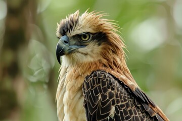 Closeup of a Philippine eagle with its striking features. Created with Generative AI.