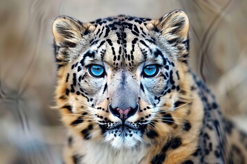 Closeup of a snow leopards piercing blue eyes with a sharpened and enhanced finish. Created with Generative AI.