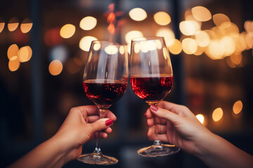 two people hands toasting with red wine glasses during on a birthday with a light and sparklers background at night, a happy celebration concept