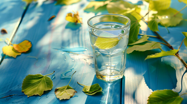 Birch water in a glass with birches and leaves on a blue wooden table, in a closeup view. A drink for dropsy or angina 