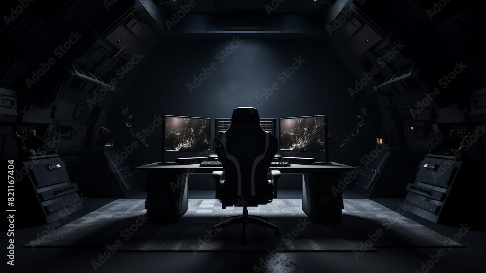 Poster a gaming room setup with a computer that has three screens a eccentric and dark room with sunlight a