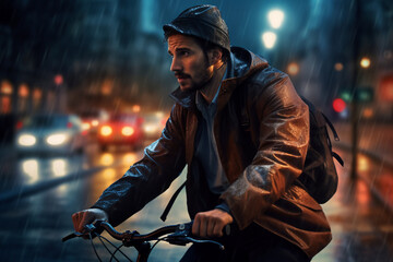 A beautiful adult of Latin hipster man riding his bicycle to work, a backside portrait of a guy commuting on a bicycle on a rainy day in an urban street at midnight
