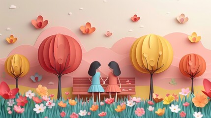 A 3D cartoon couple of two women sitting on a park bench, holding hands and smiling, surrounded by simplified trees and flowers in a serene park setting Generative AI