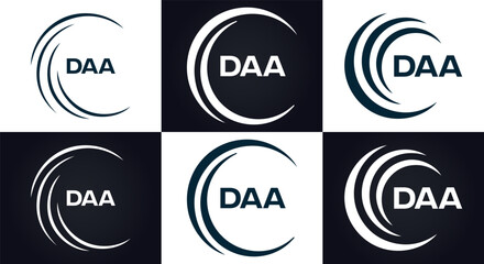DAA logo. D A A design. White DAA letter. DAA, D A A letter logo design. D A A letter logo design in FIVE, FOUR, THREE, style. letter logo set in one artboard. D A A letter logo vector design.	
