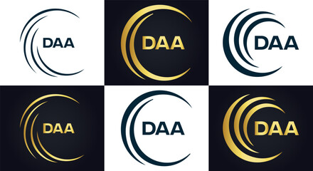 DAA logo. D A A design. White DAA letter. DAA, D A A letter logo design. D A A letter logo design in FIVE, FOUR, THREE, style. letter logo set in one artboard. D A A letter logo vector design.	
