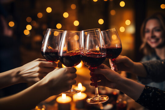 a group of friends hands toasting with red wine glasses during a party at home with a light and sparklers background at night, a happy celebration concept