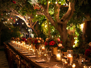 Enchanting Outdoor Banquet Table Adorned with Candles and Floral Centerpieces, Set Under Illuminated Trees with String Lights for Romantic Dinners, Wedding Receptions, and Sophisticated Garden Parties