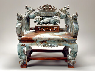 Intricately Designed Jade Ancient Chair with Dragon Head Armrests and Relief - Exquisite Asian Craftsmanship and Artistry in Greenish-Blue Stone - Symbolic Power and Protection Cultural Decor