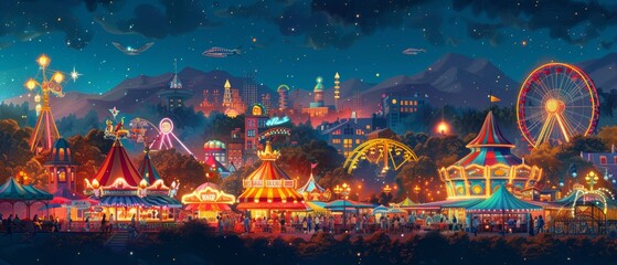Obraz premium Clean and vibrant illustration of a summer fair with rides, food stalls, and people having fun, close-up perspective