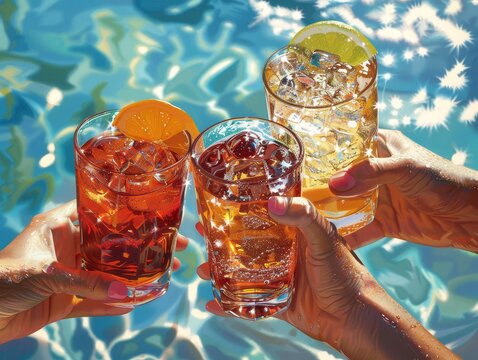 Clean and cheerful illustration of friends clinking ice-cold drinks by the pool, close-up summer celebration