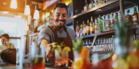 Charismatic bartender with a friendly smile serving a crafted cocktail at a vibrant bar atmosphere