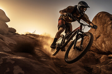 A stunning foto of a young adult and Latin man riding his bicycle on a rocky mountain, a frontside portrait of a guy racing his mountain-bike on a dusty hillside full of rocks at sunset