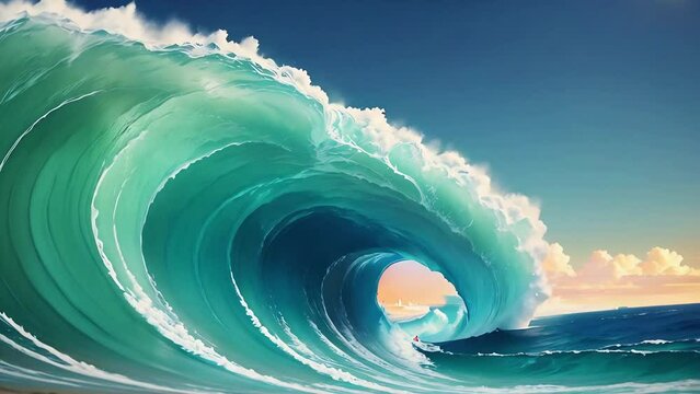 Ocean Wave Continuous Curl Background 4K features an A.I. generated video of a large ocean wave curling and crashing continuously with a cloudy sky in the background.