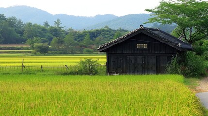 a black wood garage nestled amidst the picturesque rice fields of South Korea, featuring a gable roof and side door, surrounded by lush greenery, with ample open space nearby for parking cars.