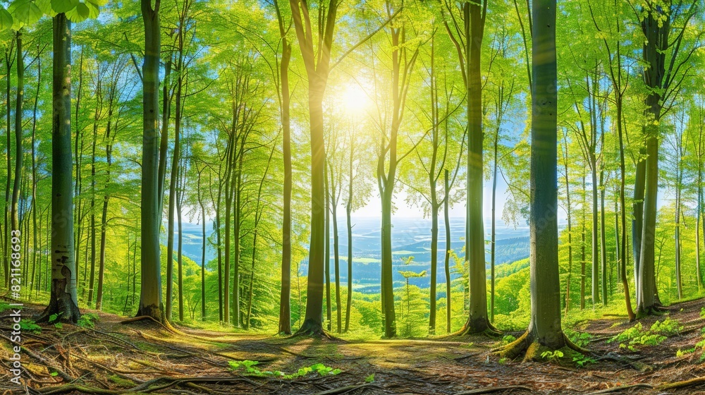 Poster forest with trees and a sun shining through the trees