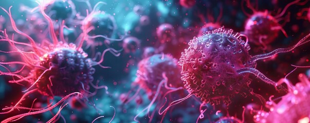 A conceptual visualization of intestinal cancer cell analysis, where micro and macro views are accentuated with vaporwaveinspired neon hues for better clarity and impact