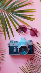 A camera with sunglasses on a pink background