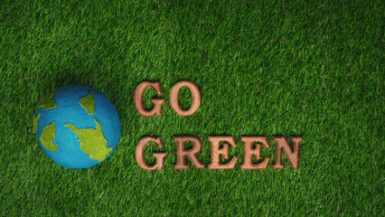 Go green and save the world with environment friendly effort. The message Go Green letters arranged to promote eco awareness for sustainable future with biophilc design background. Gyre
