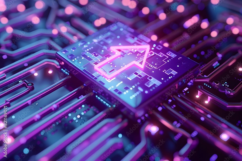 Poster a close up of a computer chip with a glowing arrow on it