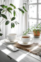 A cup of coffee and a cell phone on a table