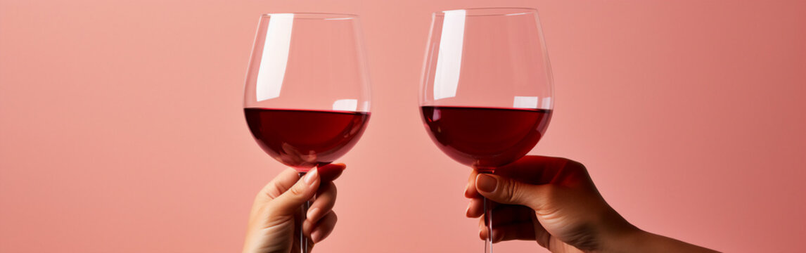 Two female hands toasting or clinking with red wine glasses on a spring and minimalist background