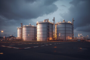 Close up of oil and gas terminal storage tanks of industrial plant or industrial refinery factor with a cloudy sky at night; in the desert the future of energy