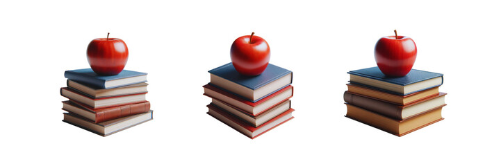 Set of A red apple sitting atop a stack of hardcover books, isolated over on transparent white background