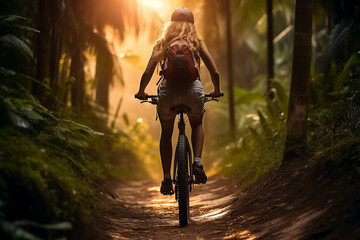 A stunning foto of a adult and Latin woman riding her bicycle on a track in a forest, a backside portrait of a girl racing her mountain-bike through a lush jungle at sunset