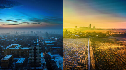 award winning photography, billboard advertisement, Frozen Urban Dawn vs Warm Rural The left half...