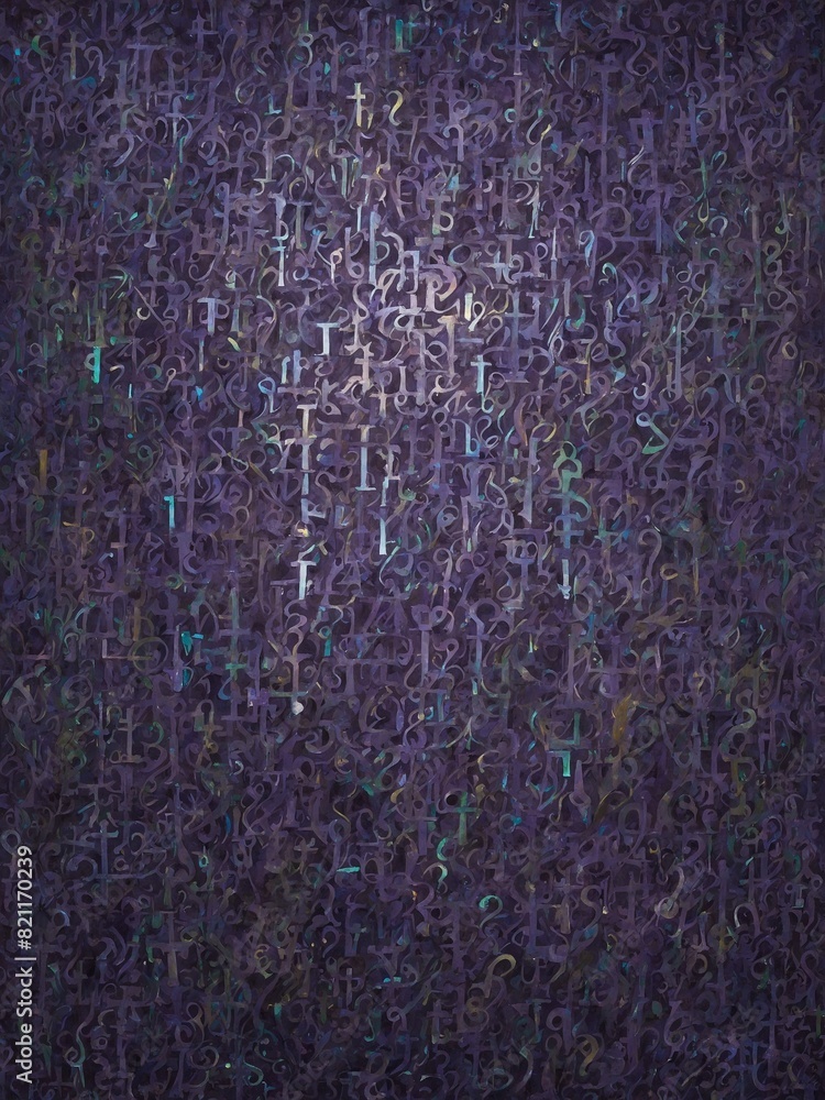 Poster abstract artwork teems with mathematical symbols, numbers of varying sizes, colors. these elements s