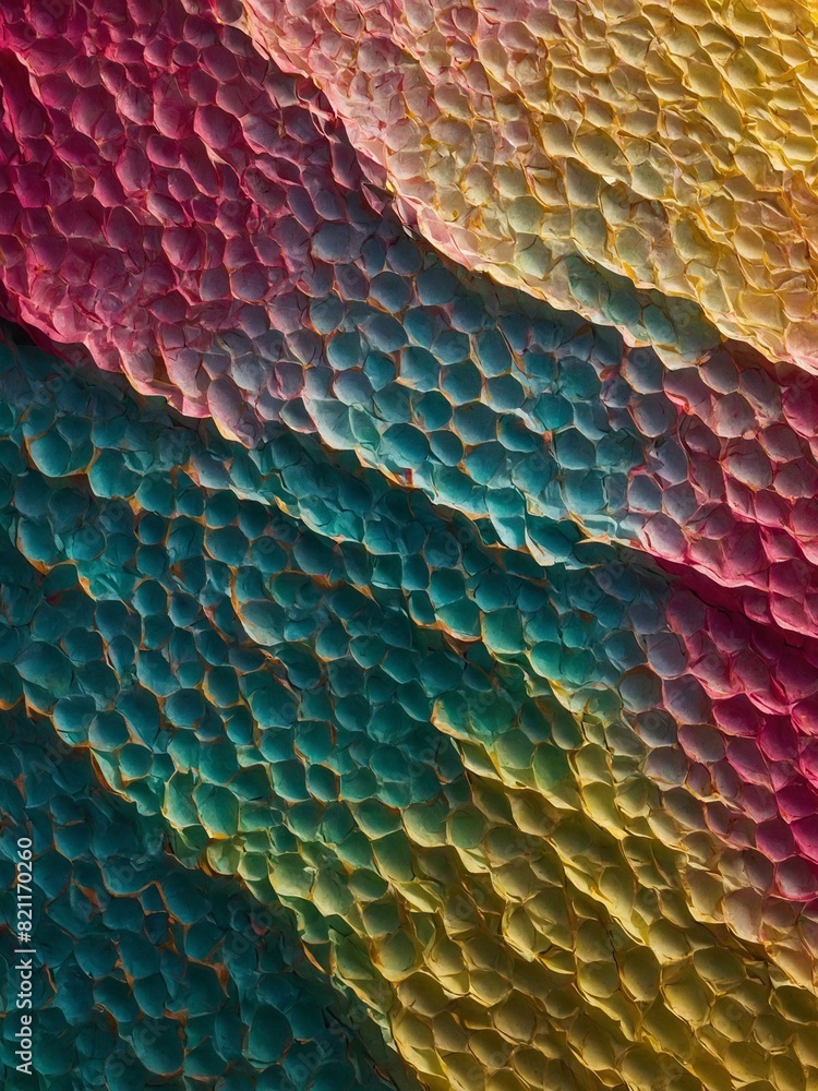 Poster textured surface with intricate pattern resembling scales, illuminated in vibrant hues of pink, yell