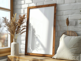 Empty frame on minimalist mahogany wooden desk, furniture, interior design