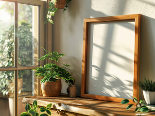 Empty frame on minimalist mahogany wooden desk, furniture, interior design